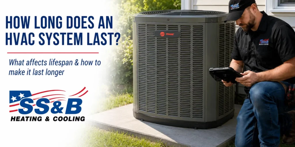 SS&B Heating & Cooling technician inspecting a Trane air conditioner while explaining HVAC system lifespan and maintenance in Springfield, MO.