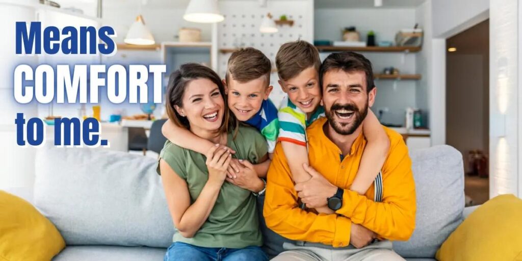 A family of four is sitting on the couch in their living room. The windows are closed, and the air conditioner is on. The family is smiling and laughing, and they look comfortable and relaxed. The living room is clean and tidy. The air is cool and dry, providing a welcome respite from the hot summer weather outside.
