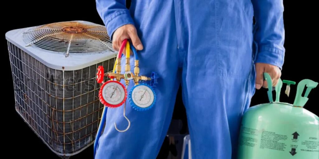 A HVAC repairman wearing a blue uniform and holding a refrigerant jug stands in front of an air conditioner unit