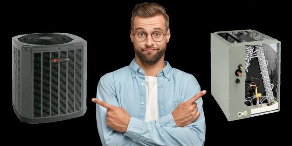 Guy pointing and both AC and leaking indoor evaporator coil in Springfield, MO.