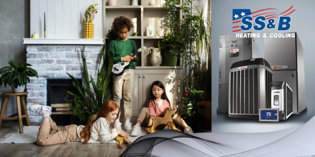 Children playing happily in a comfortable home with Trane HVAC systems visible on the right, ensuring a cozy and safe environment.