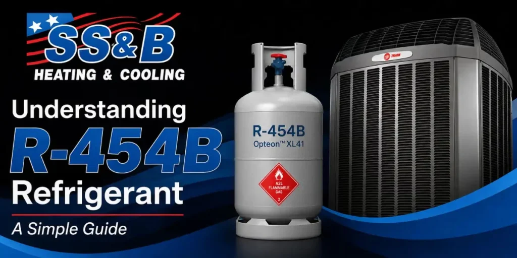 A Trane air conditioner featuring an R-454B refrigerant tank, set against a background of blue graphic waves symbolizing sustainability and energy efficiency.