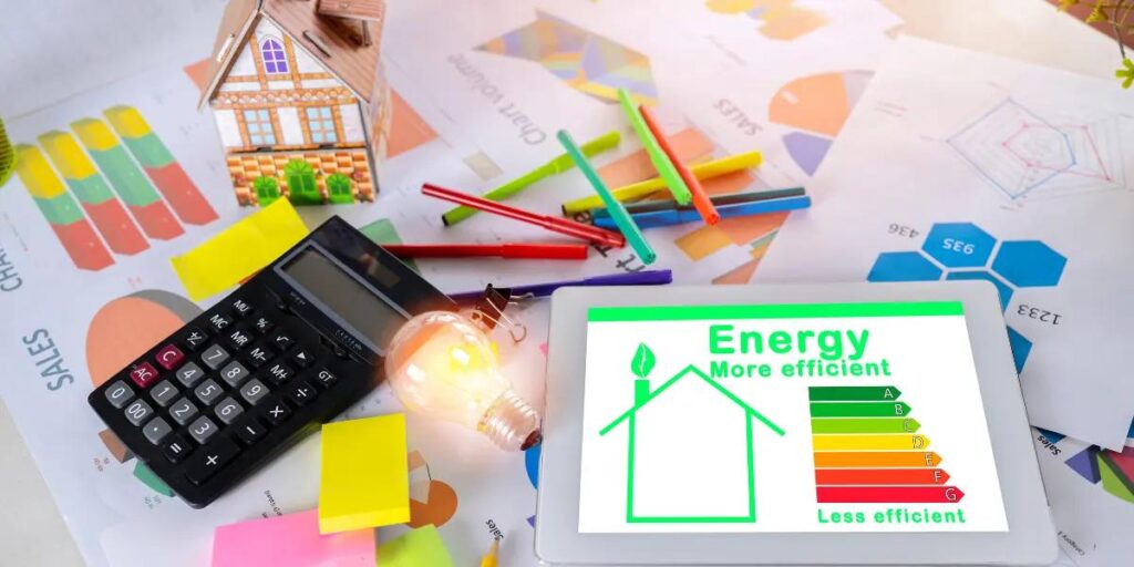 Tablet with HVAC energy savings data, accompanied by energy-efficient lightbulbs, highlighting eco-friendly heating, ventilation, and air conditioning technology.