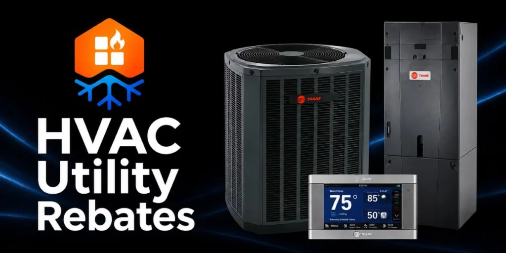 Trane outdoor unit, air handler, and thermostat with HVAC Utility Rebates title and SS&B Heating & Cooling branding.
