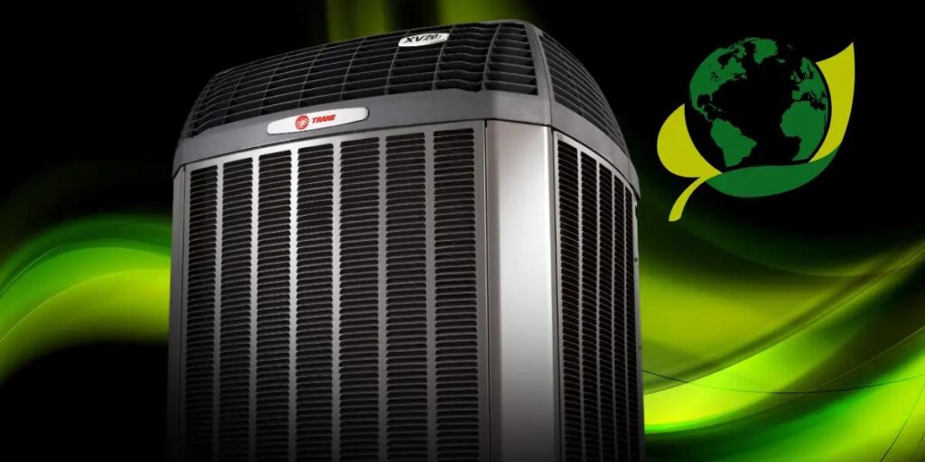 Trane XV20i heat pump with eco-friendly background, symbolizing transition to R-454B refrigerant for energy-efficient HVAC systems by SS&B Heating & Cooling in Springfield, MO