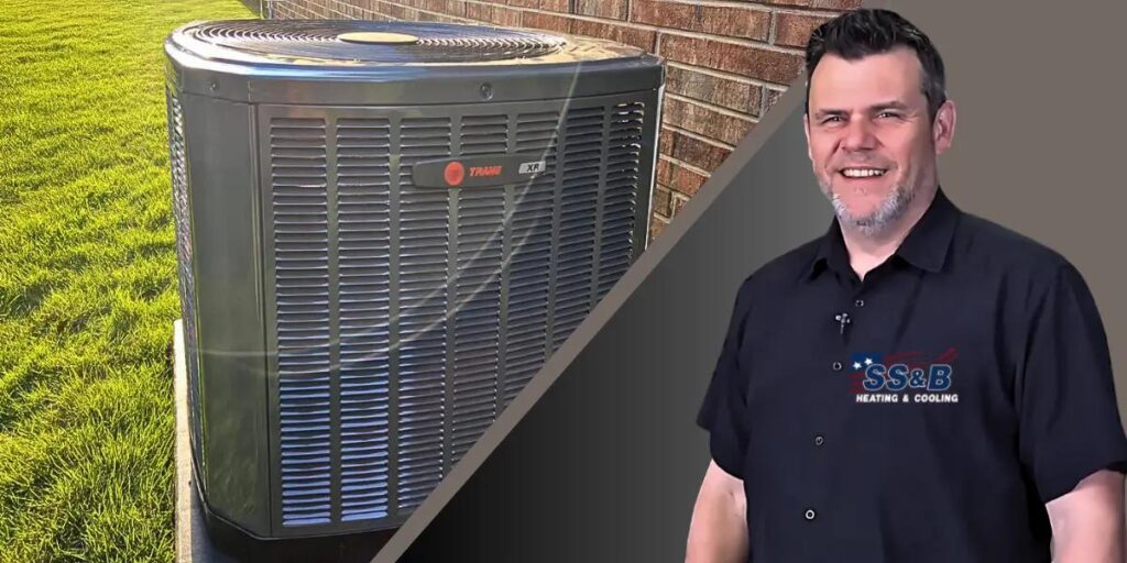 A Trane XR air conditioning unit installed outside a home, with an SS&B Heating & Cooling technician ready to provide expert HVAC service.