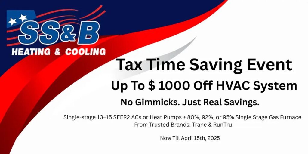 Tax Time Savings Event promotion graphic showing up to $1,000 off Trane or RunTru HVAC systems, with no gimmicks, valid through April 15, 2025