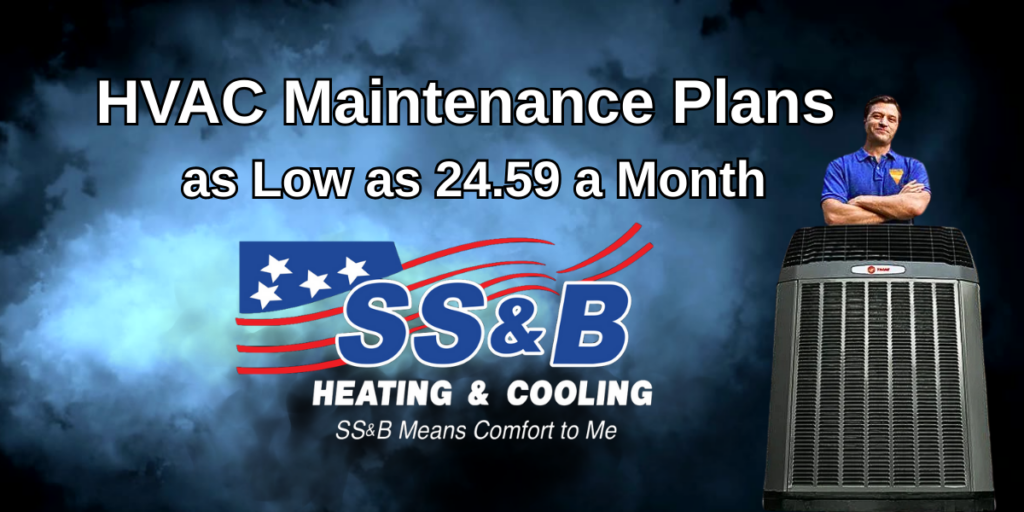 SS&B Heating & Cooling promotional banner in Springfield, Missouri, advertising HVAC maintenance plans starting at $24.59 per month, with a technician and a Trane air conditioner