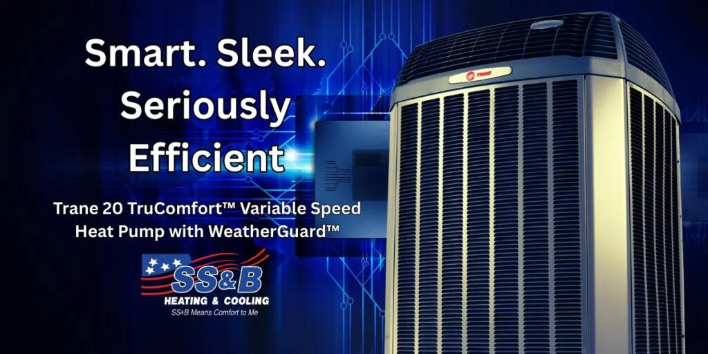 Trane 20 TruComfort Variable Speed Heat Pump with WeatherGuard™ shown with SS&B Heating & Cooling logo and tagline.