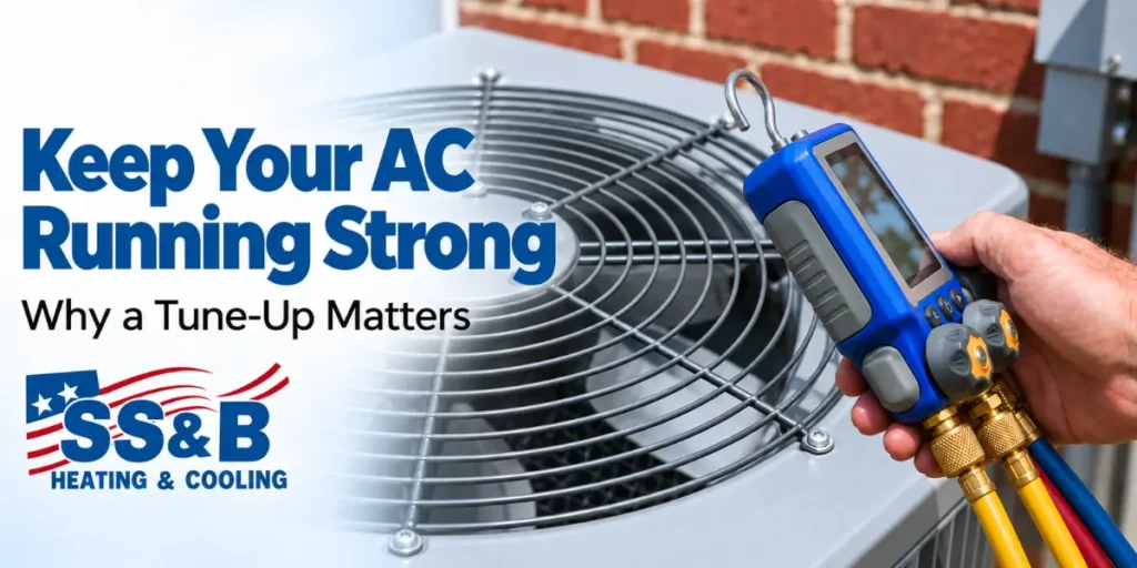 Technician holding a diagnostic tool beside an outdoor AC unit, with SS&B’s logo and the text “Keep Your AC Running Strong: Why a Tune-Up Matters.”