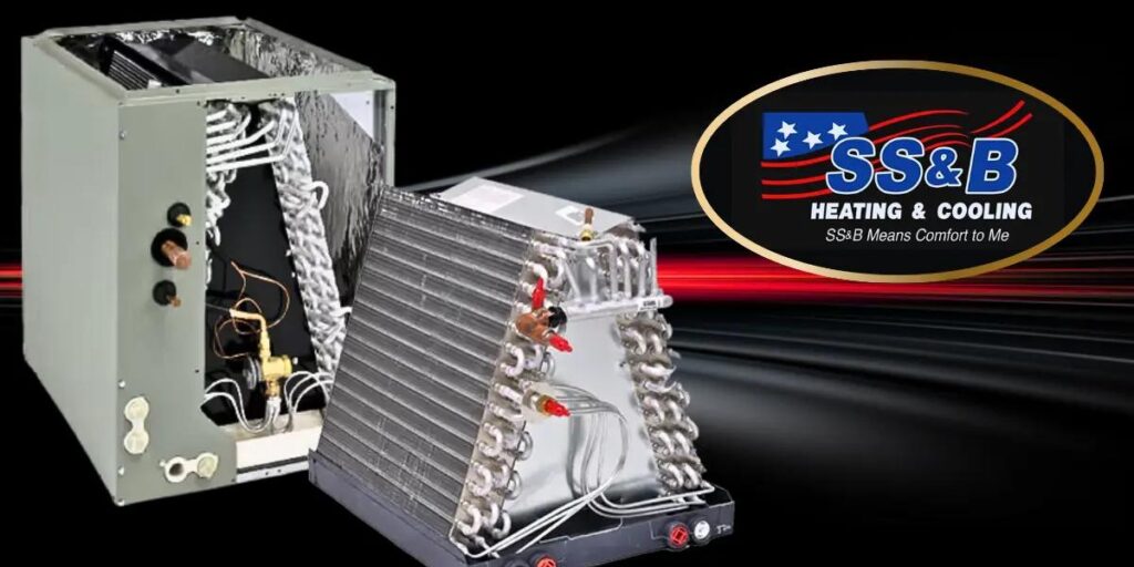 Trane aluminum evaporator coil and SS&B Heating & Cooling logo, illustrating durable all-aluminum HVAC coil design in Springfield, MO.
