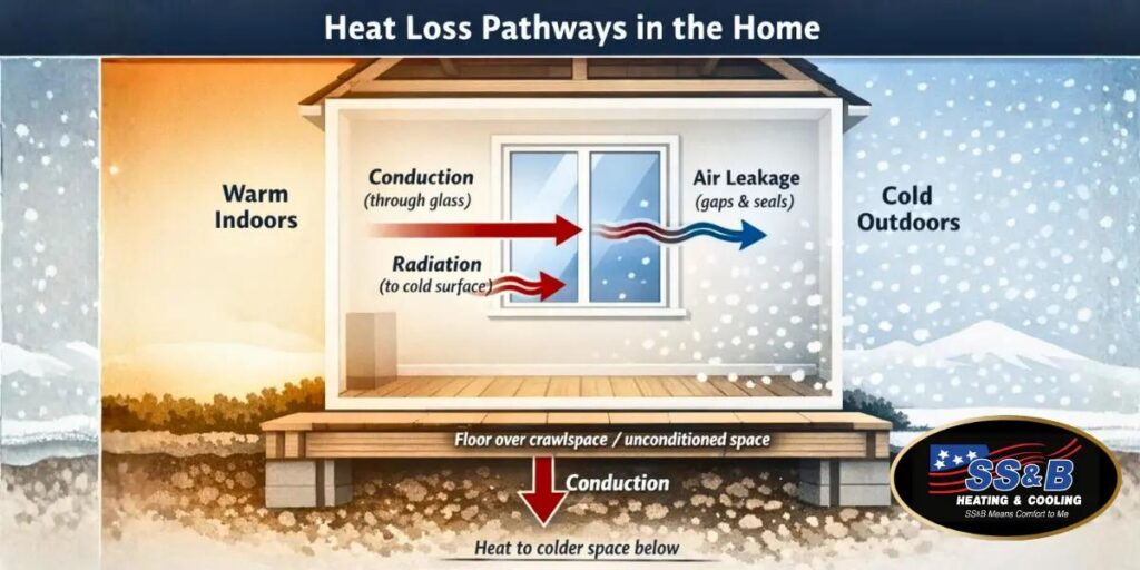 Heat loss diagram showing warm indoor air transferring through windows and floors toward colder outdoor surfaces, with air leakage around gaps and seals.