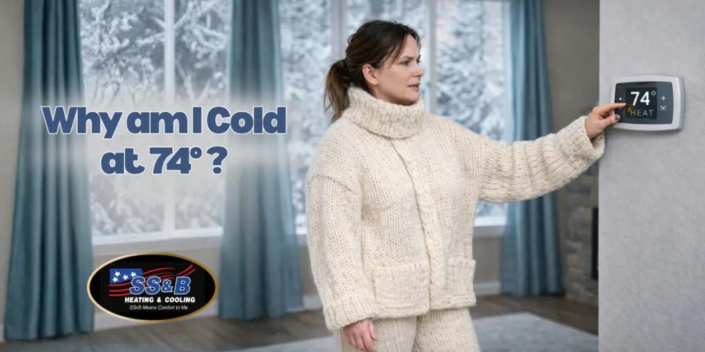 Homeowner adjusting a thermostat set to 74 degrees while wearing a sweater in winter due to low indoor humidity.