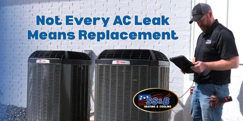 Technician diagnosing AC refrigerant leak on outdoor unit in Springfield MO
