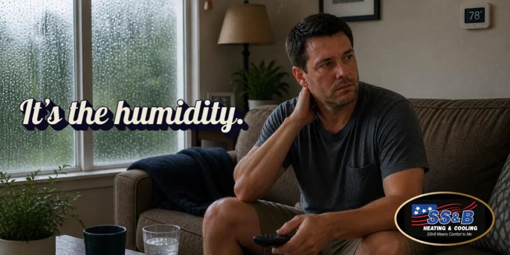 Man sitting in a humid living room with condensation on windows and thermostat set to 78 degrees in a Springfield, MO home