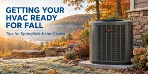 Trane outdoor HVAC unit beside a home on a frosty fall morning with colorful Ozarks foliage, illustrating fall HVAC preparation tips for Springfield, Missouri.