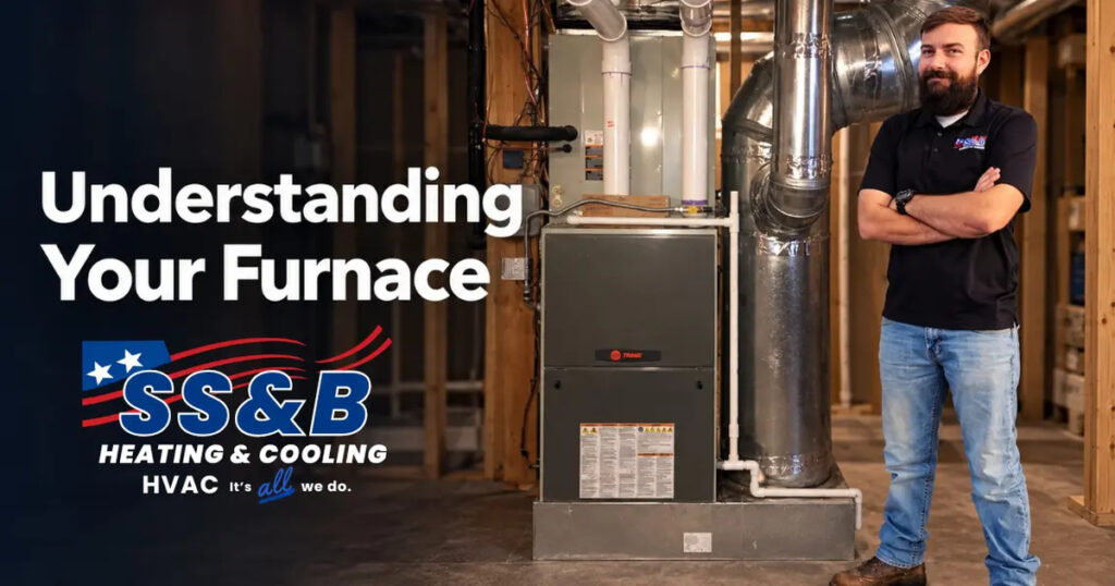 SS&B technician standing beside a gas furnace in a basement with text “Understanding Your Furnace.”